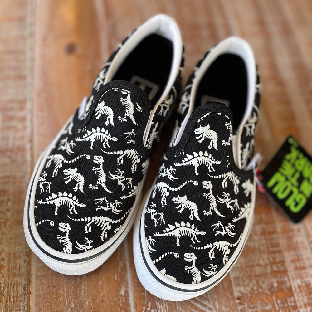 Vans Kids Black and White Glow-in-the-Dark dinosaur Shoes
